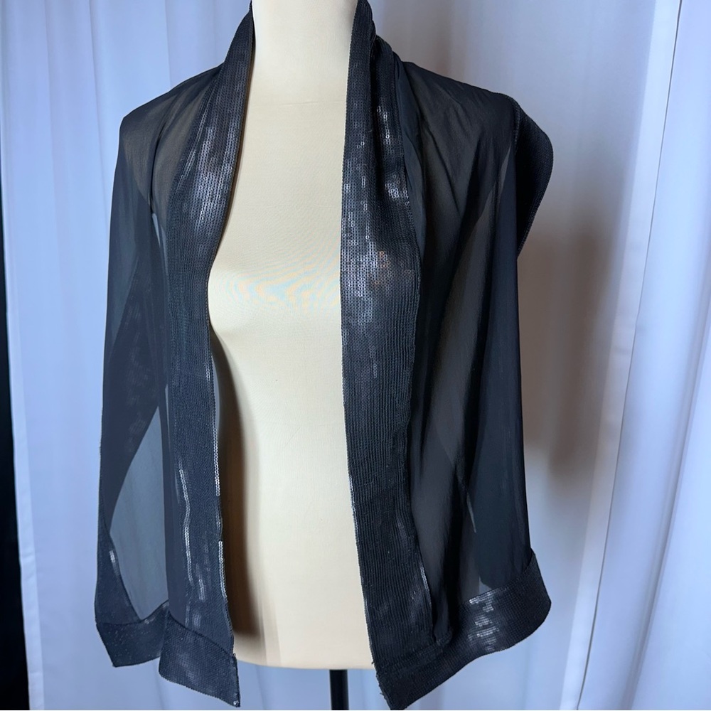 Sequined Trim Black Scarf/Wrap 11 1/2” x 57” Sheer Evening READ - Picture 3 of 6